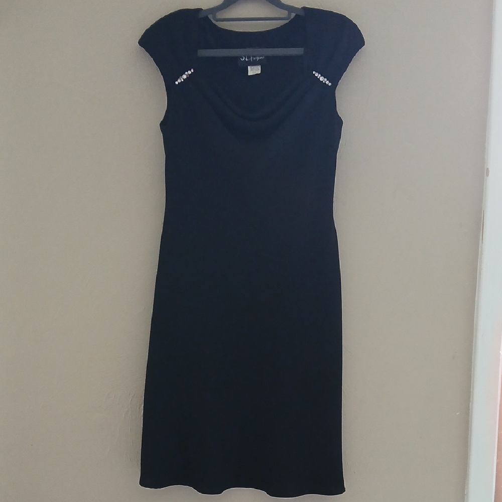S.L. Fashions Black Midi Dress with Embellished Shoulders